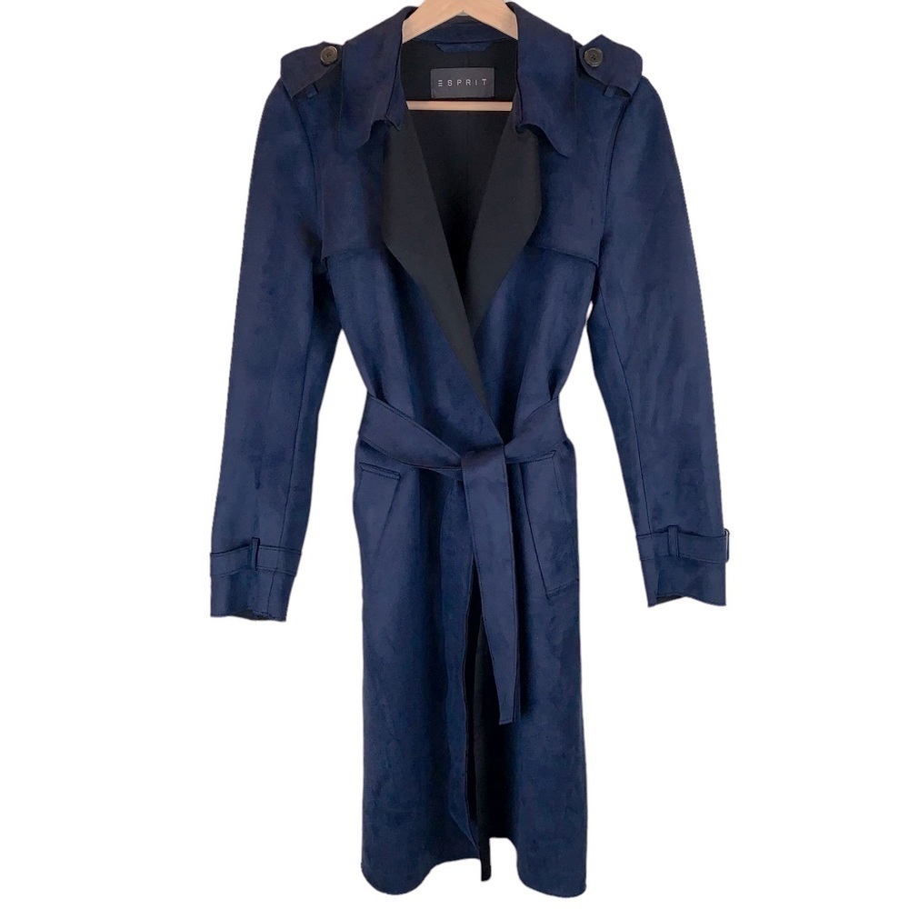 Esprit Midnight Blue Ultrasuede Belted Long Trench Military Coat sz XS